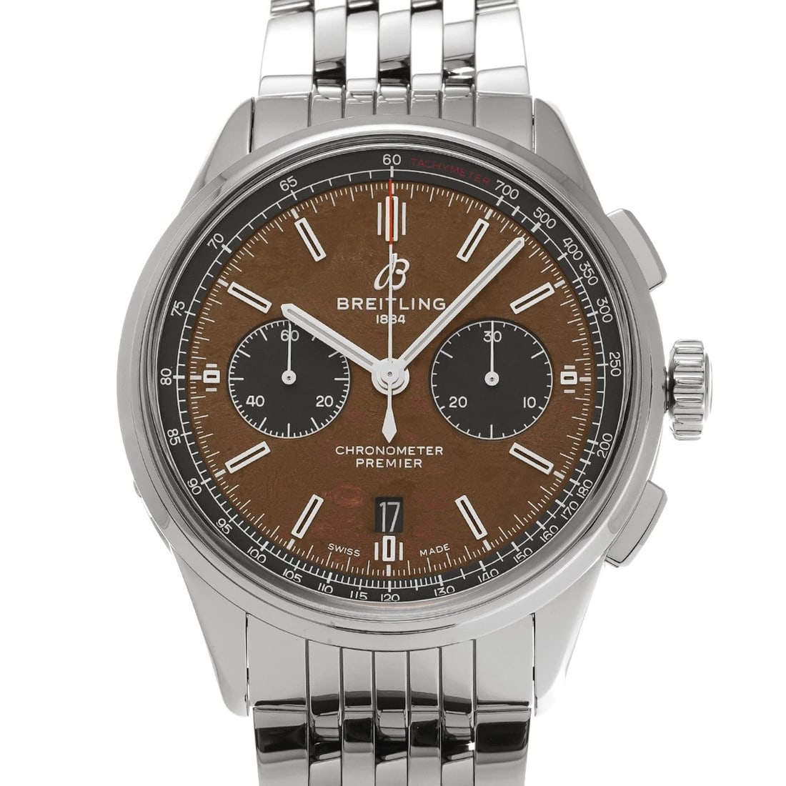 BREITLING PREMIER CHRONO 42 BROWN WATCH: BREITLING Premier Chrono 42 Brown Watch Brand: Breitling Type/Style: Wristwatch Material: Band Material Leather, Case Material Stainless Steel Color: Dial Color Dial Color Brown Band Color Brown Case
