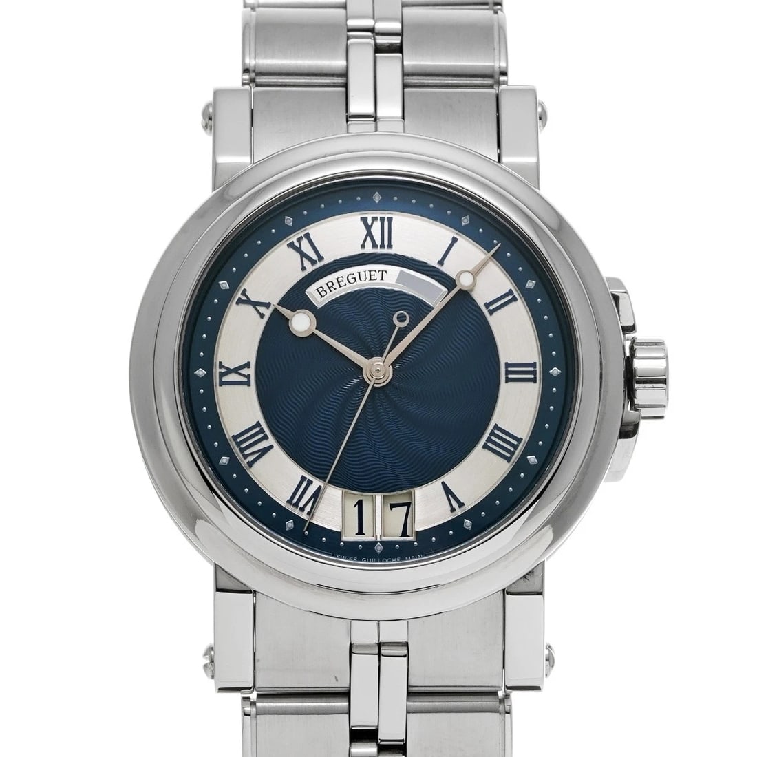 BREGUET MARINE II LARGE DATE BLUE/SILVER WATCH: Breguet Marine II Large Date blue/Silver Watch Brand: Breguet Type/Style: Wristwatch Material: Band Material Stainless Steel, Case Material Stainless Steel Color: Dial Color Dial Color Blue Case
