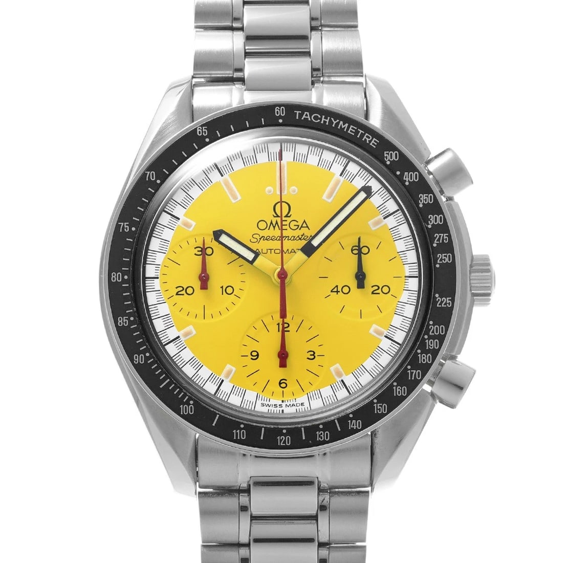 OMEGA SPEEDMASTER RACING MICHAEL SCHUMACHER YELLOW WATCH: OMEGA Speedmaster Racing Michael Schumacher yellow Watch Brand: OMEGA Type/Style: Wristwatch Material: Band Material Stainless steel, Case Material Stainless steel Color: Dial Color yellow Size: Case 