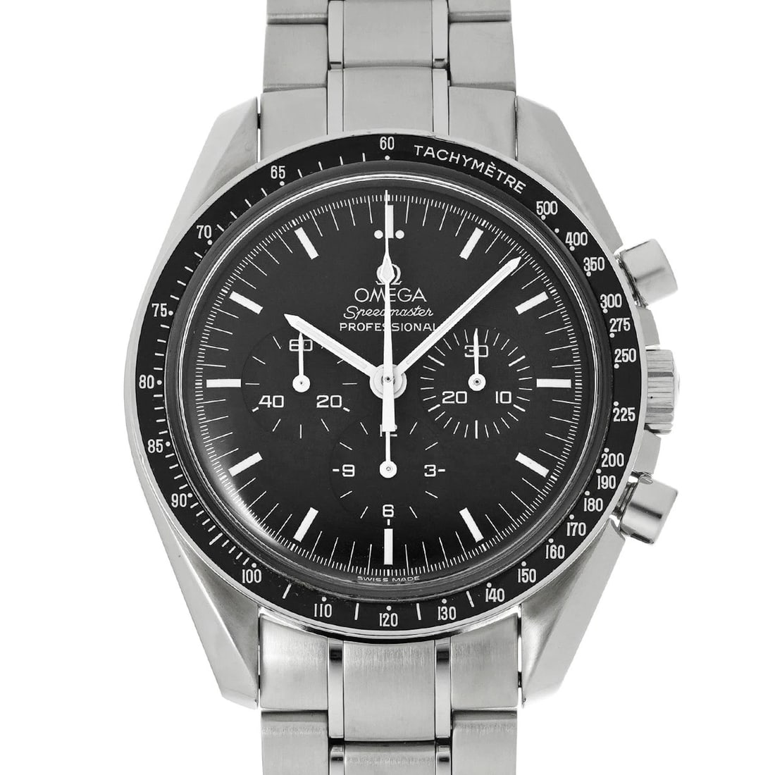 OMEGA SPEEDMASTER MOONWATCH PROFESSIONAL BLACK WATCH: OMEGA Speedmaster Moonwatch Professional black Watch Brand: OMEGA Type/Style: Wristwatch Material: Band Material Stainless steel, Case Material Stainless steel Color: Dial Color black Size: Case Size 