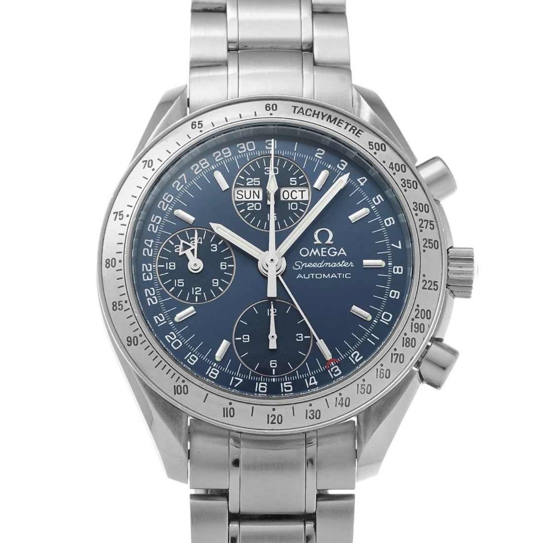 OMEGA SPEEDMASTER TRIPLE CALENDAR BLUE WATCH: OMEGA Speedmaster Triple Calendar blue Watch Brand: OMEGA Type/Style: Wristwatch Material: Band Material Stainless steel, Case Material Stainless steel Color: Dial Color blue Size: Case Size H/about 3