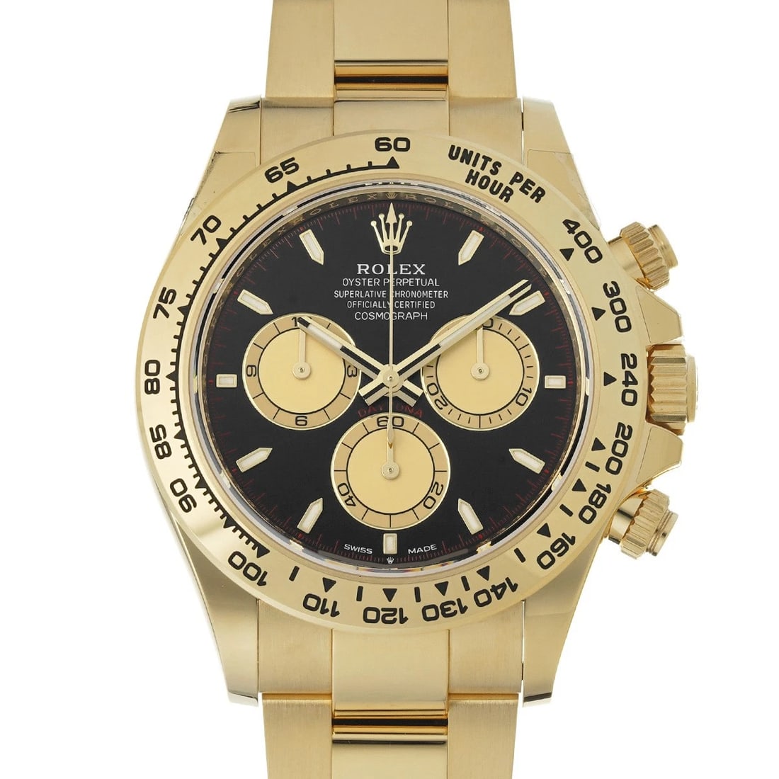ROLEX COSMOGRAPH DAYTONA INTENSE BLACK/CHAMPAGNE WATCH: ROLEX Cosmograph Daytona Intense black/Champagne Watch Brand: ROLEX Type/Style: Wristwatch Material: Band Material Yellow Gold, Case Material Yellow Gold Color: Dial Color Intense black Size: Case