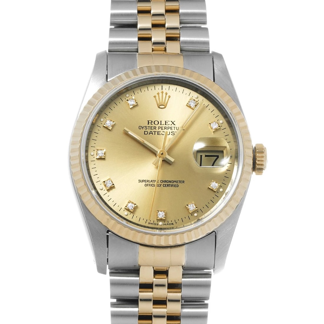 ROLEX DATEJUST 36 CHAMPAGNE/DIAMOND WATCH: ROLEX Datejust 36 Champagne/diamond Watch Brand: ROLEX Type/Style: Wristwatch Material: Band Material Stainless steel/Yellow Gold, Case Material Stainless steel Color: Dial Color Champagne Size: Case 