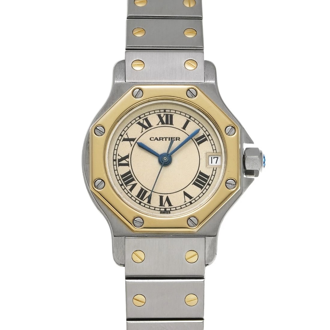 CARTIER SANTOS OCTAGON IVORY WATCH: CARTIER Santos Octagon Ivory Watch Brand: CARTIER Type/Style: Wristwatch Material: Band Material Stainless steel/Yellow gold plated, Case Material Stainless steel Color: Dial Color Ivory Size: Case