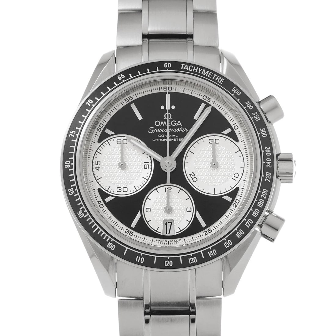 OMEGA SPEEDMASTER RACING CO-AXIAL BLACK/SILVER WATCH: OMEGA Speedmaster Racing Co-axial black/Silver Watch Brand: OMEGA Type/Style: Wristwatch Material: Band Material Stainless steel, Case Material Stainless steel Color: Dial Color black Size: Case Size