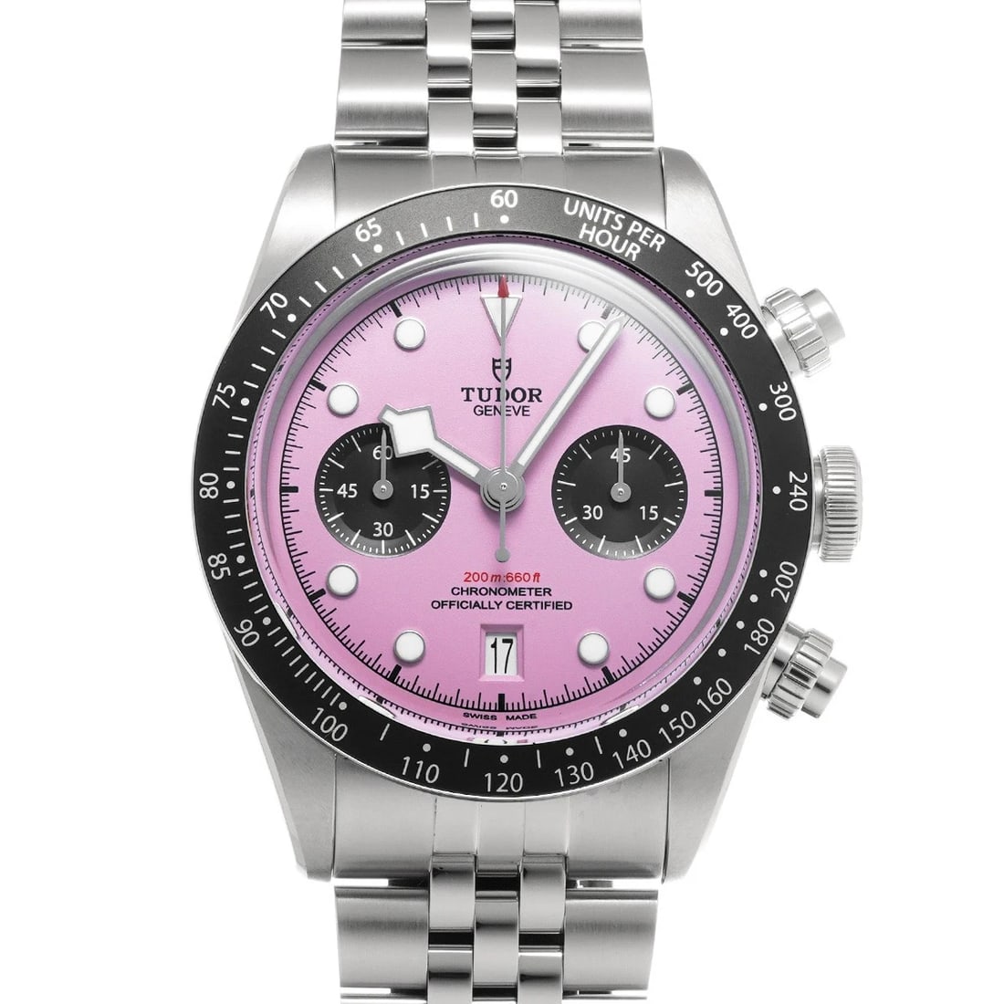 TUDOR BLACK BAY CHRONO PINK/BLACK WATCH: TUDOR Black Bay Chrono pink/black Watch Brand: TUDOR Type/Style: Wristwatch Material: Band Material Stainless steel, Case Material Stainless steel Color: Dial Color pink Size: Case Size H/about 41mm