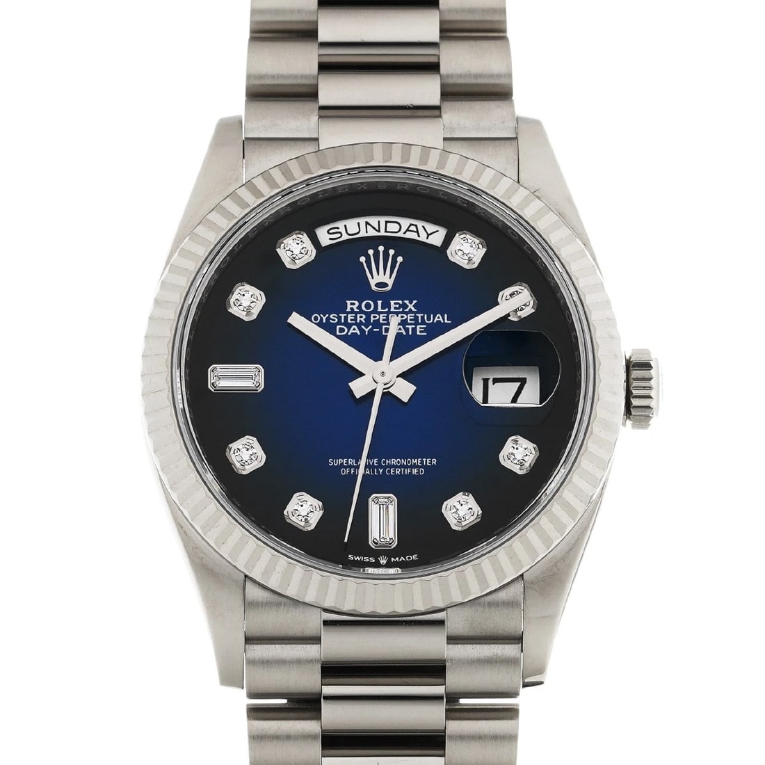 ROLEX DAY-DATE 36 BLUE OMBRE/DIAMOND WATCH: ROLEX Day-Date 36 blue ombre/diamond Watch Brand: ROLEX Type/Style: Wristwatch Material: Band Material White gold, Case Material White gold Color: Dial Color blue ombre Size: Case Size H/about 36mm