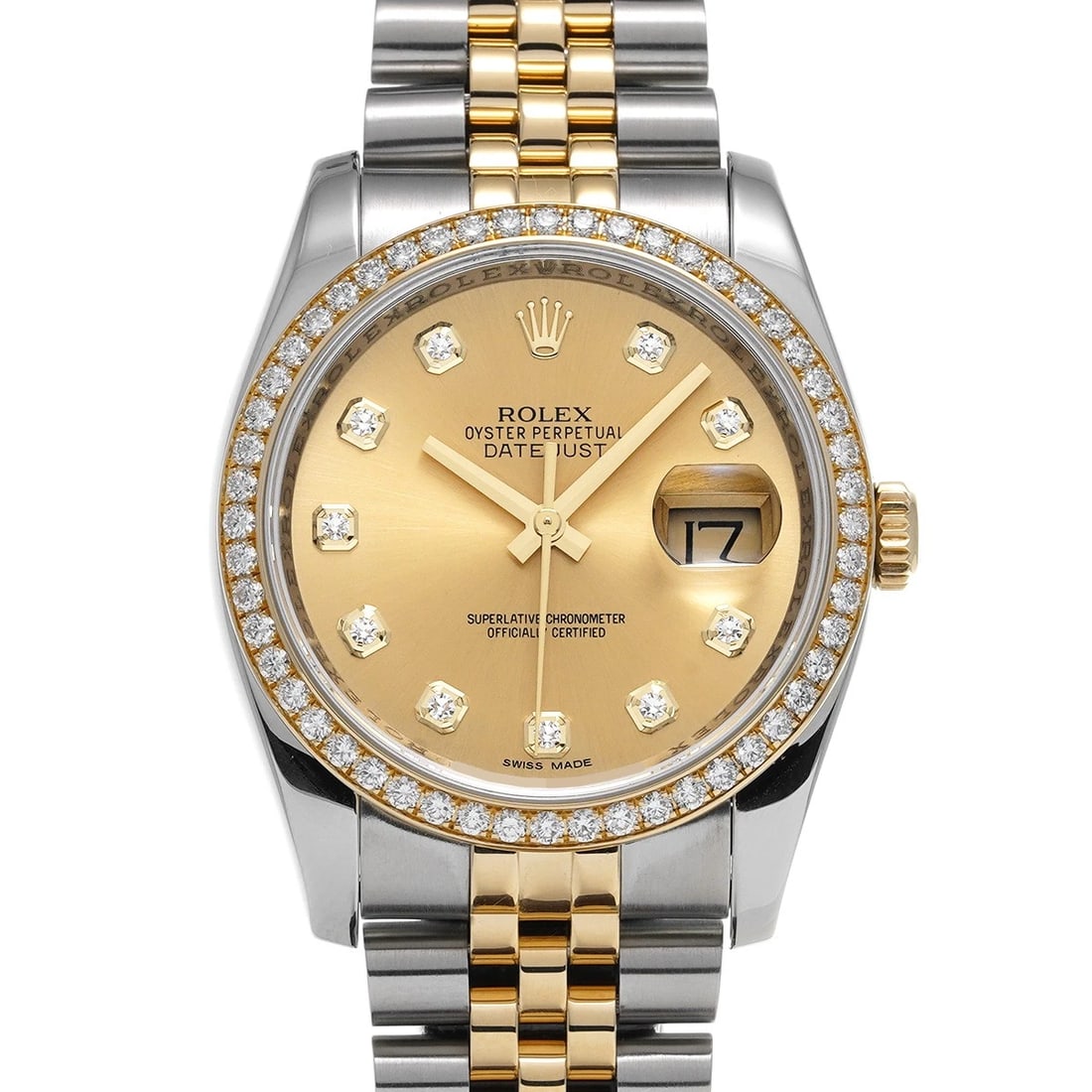 ROLEX DATEJUST 36 CHAMPAGNE/DIAMOND WATCH: ROLEX Datejust 36 Champagne/diamond Watch Brand: ROLEX Type/Style: Wristwatch Material: Band Material Stainless steel/Yellow Gold, Case Material Stainless steel Color: Dial Color Champagne Size: Case