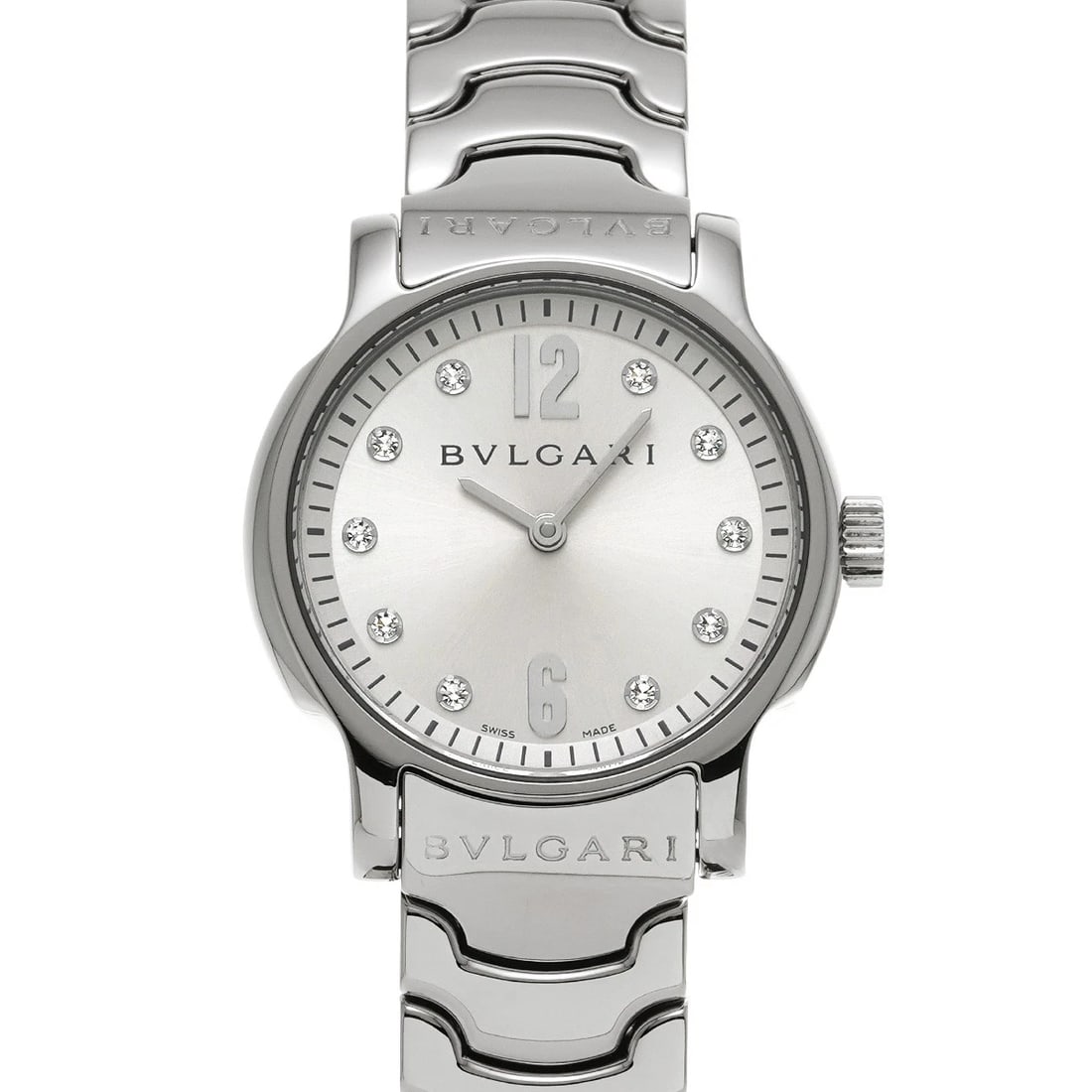 BVLGARI SOLOTEMPO SILVER/DIAMOND WATCH: BVLGARI Solotempo Silver/diamond Watch Brand: BVLGARI Type/Style: Wristwatch Material: Band Material Stainless steel, Case Material Stainless steel Color: Dial Color Silver Size: Case Size H/about