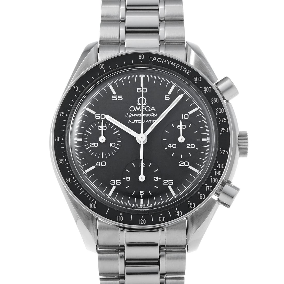 OMEGA SPEEDMASTER AUTOMATIC BLACK WATCH: OMEGA Speedmaster Automatic black Watch Brand: OMEGA Type/Style: Wristwatch Material: Band Material Stainless steel, Case Material Stainless steel Color: Dial Color black Size: Case Size H/about 39mm