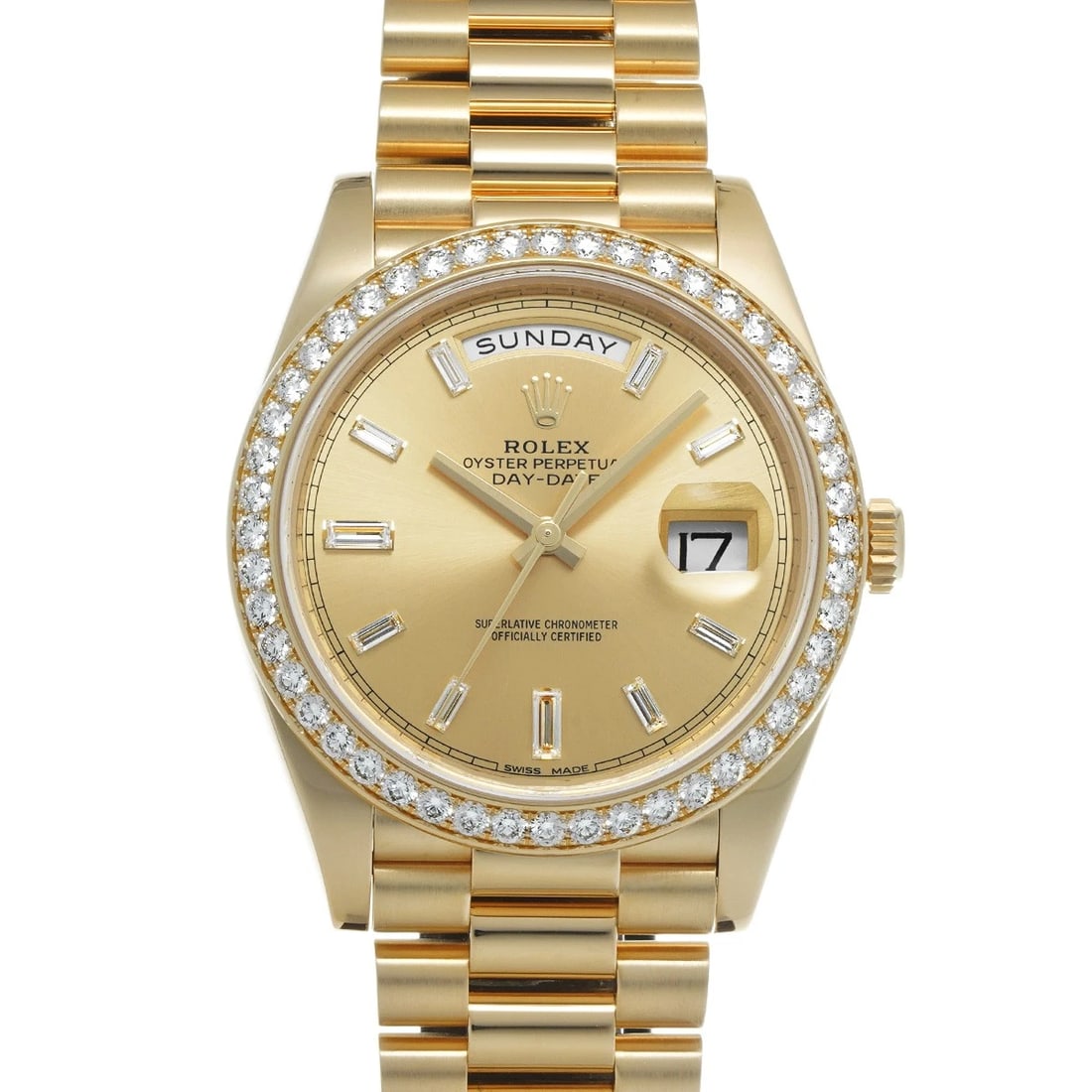 ROLEX DAY-DATE 40 CHAMPAGNE/DIAMOND WATCH: ROLEX Day-Date 40 Champagne/diamond Watch Brand: ROLEX Type/Style: Wristwatch Material: Band Material Yellow Gold, Case Material Yellow Gold Color: Dial Color Champagne Size: Case Size H/about 40mm