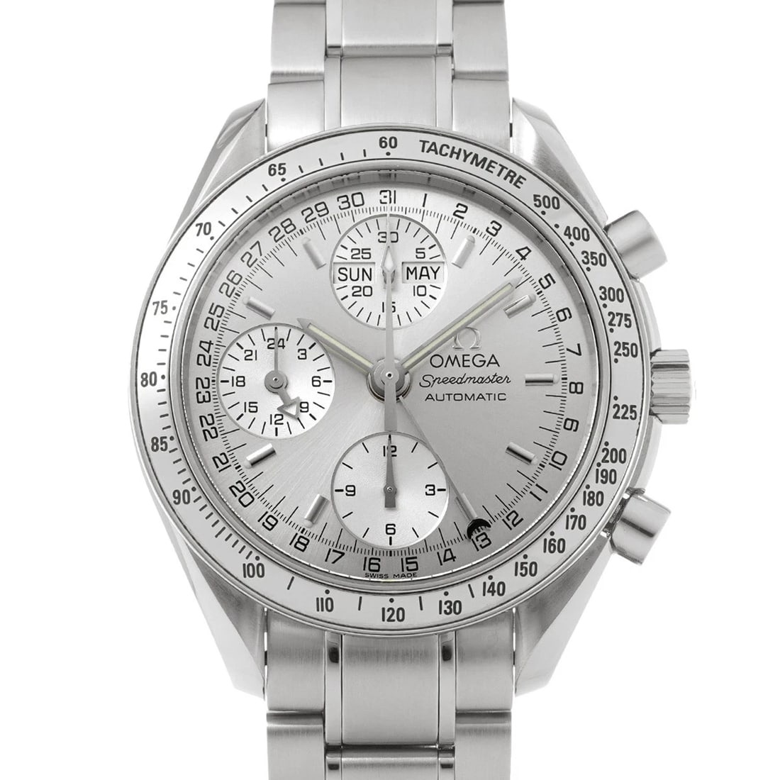 OMEGA SPEEDMASTER TRIPLE CALENDAR SILVER WATCH: OMEGA Speedmaster Triple Calendar Silver Watch Brand: OMEGA Type/Style: Wristwatch Material: Band Material Stainless steel, Case Material Stainless steel Color: Dial Color Silver Size: Case Size