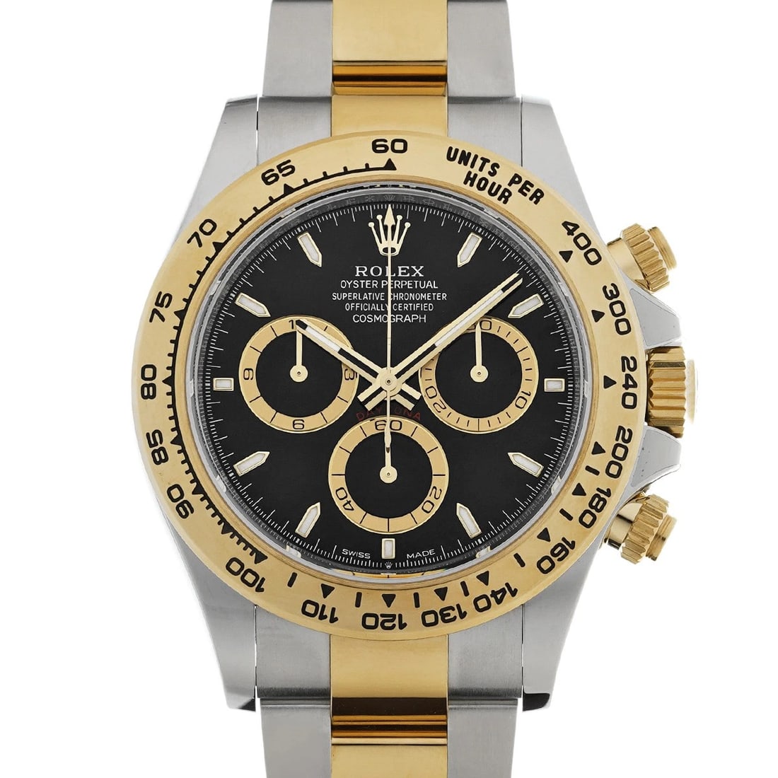 ROLEX COSMOGRAPH DAYTONA BLACK WATCH: ROLEX Cosmograph Daytona black Watch Brand: ROLEX Type/Style: Wristwatch Material: Band Material Yellow Gold/Stainless steel, Case Material Stainless steel Color: Dial Color black Size: Case Size