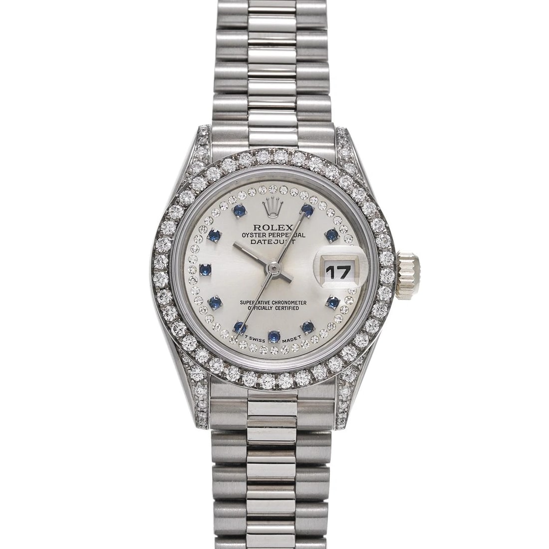 ROLEX DATEJUST SILVER/DIAMOND / SAPPHIRE WATCH: ROLEX Datejust Silver/Diamond / sapphire Watch Brand: ROLEX Type/Style: Wristwatch Material: Band Material White gold, Case Material White gold Color: Dial Color Silver Size: Case Size H/about 26mm W/