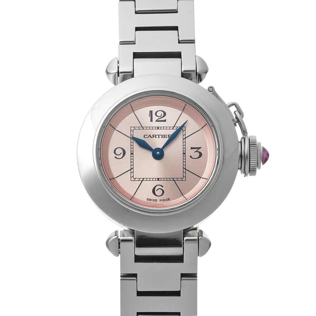 CARTIER MISS PASHA PINK WATCH: CARTIER Miss Pasha pink Watch Brand: CARTIER Type/Style: Wristwatch Material: Band Material Stainless steel, Case Material Stainless steel Color: Dial Color pink Size: Case Size H/about 27mm W/about 2