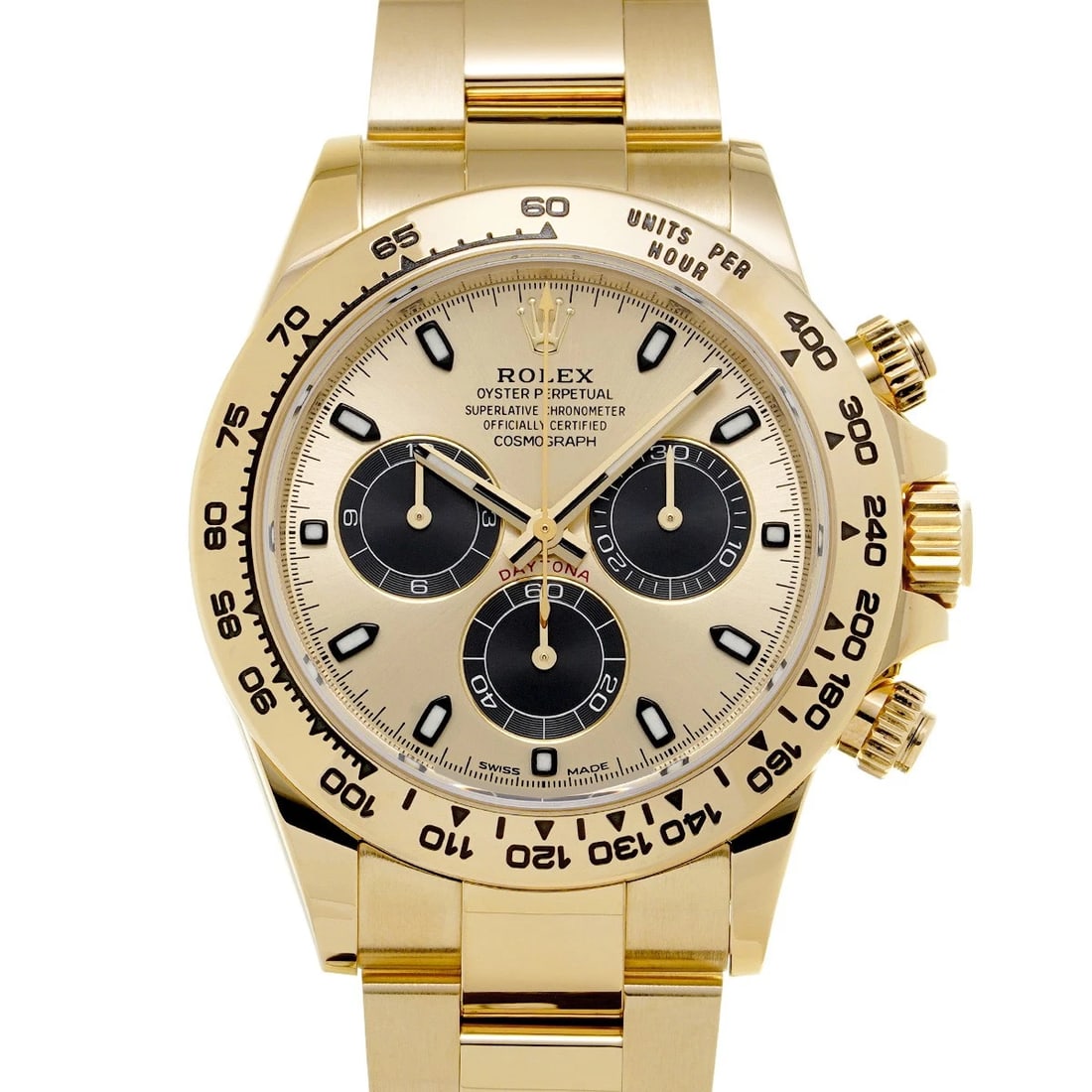 ROLEX COSMOGRAPH DAYTONA CHAMPAGNE/BLACK WATCH: ROLEX Cosmograph Daytona Champagne/black Watch Brand: ROLEX Type/Style: Wristwatch Material: Band Material Yellow Gold, Case Material Yellow Gold Color: Dial Color Champagne Size: Case Size H/about 40