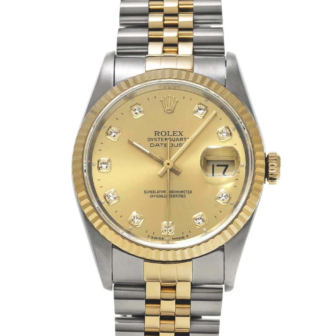 ROLEX DATEJUST 36 CHAMPAGNE/DIAMOND WATCH: ROLEX Datejust 36 Champagne/diamond Watch Brand: ROLEX Type/Style: Wristwatch Material: Band Material Stainless steel/Yellow Gold, Case Material Stainless steel Color: Dial Color Champagne Size: Case 