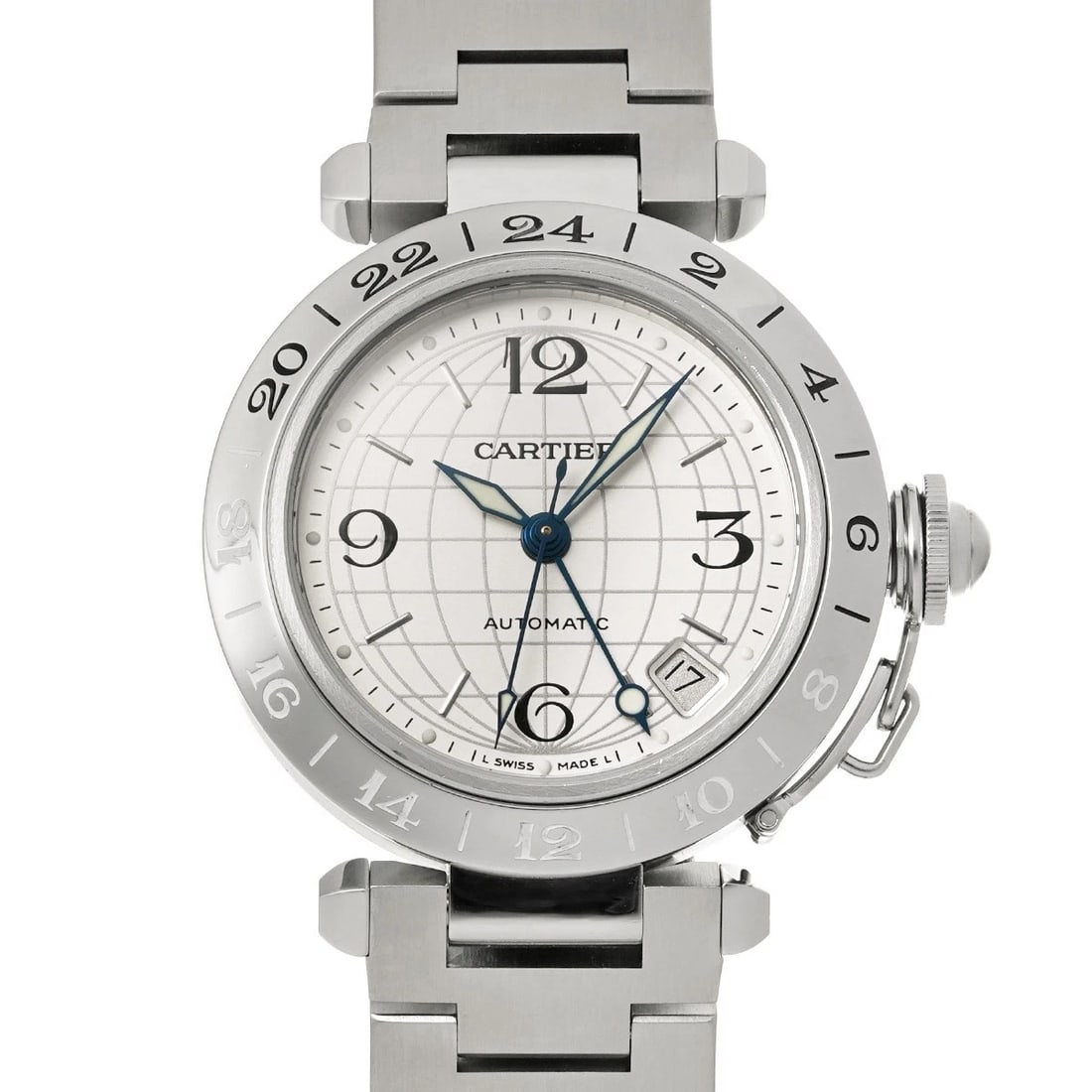CARTIER PASHA MERIDIAN GMT SILVER WATCH: CARTIER Pasha Meridian GMT Silver Watch Brand: CARTIER Type/Style: Wristwatch Material: Band Material Stainless steel, Case Material Stainless steel Color: Dial Color Silver Size: Case Size H/about 35