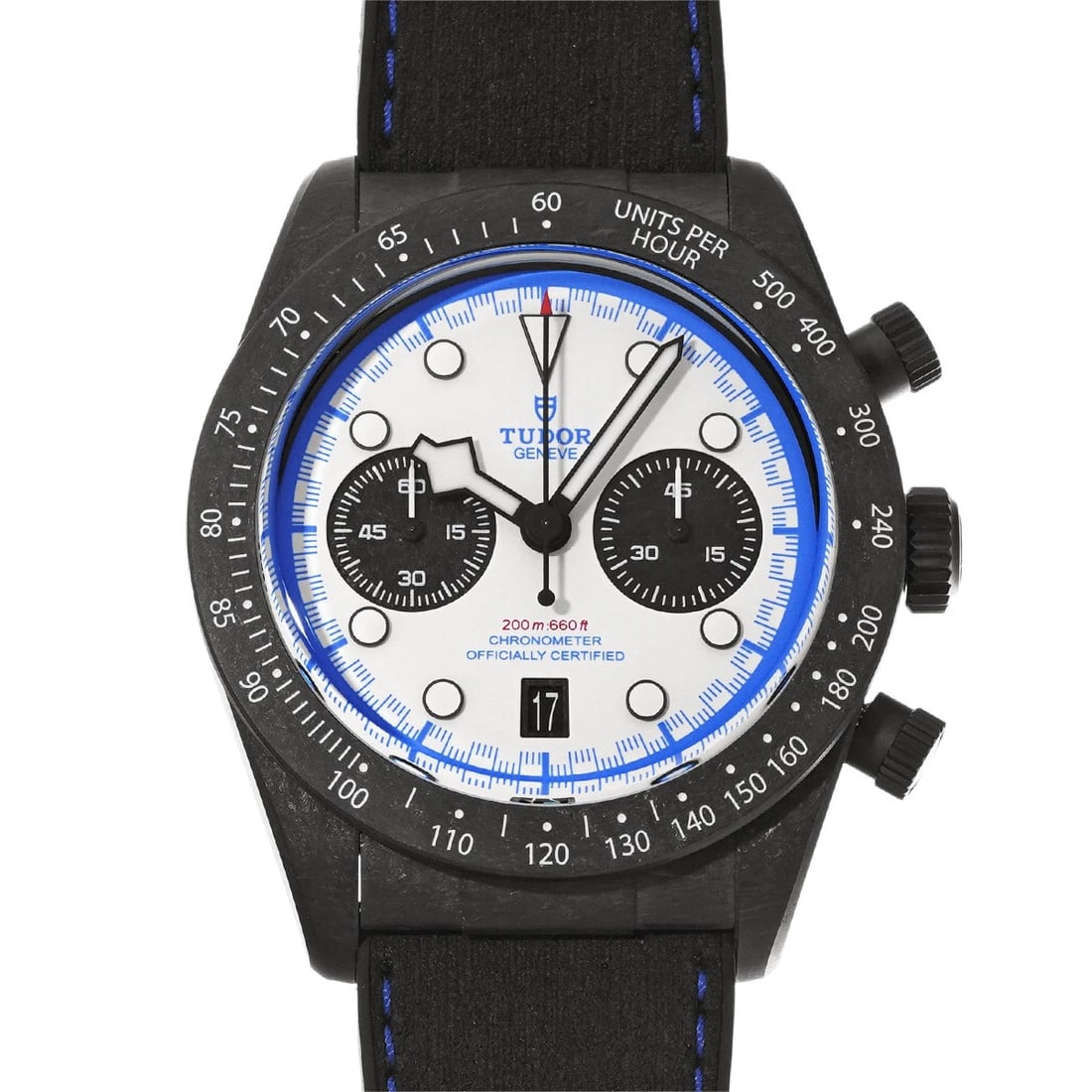 TUDOR BLACK BAY CHRONO CARBON WHITE/BLACK WATCH: TUDOR Black Bay Chrono Carbon white/black Watch Brand: TUDOR Type/Style: Wristwatch Material: Band Material leather/rubber, Case Material carbon Color: Dial Color white Size: Case Size H/about 41mm