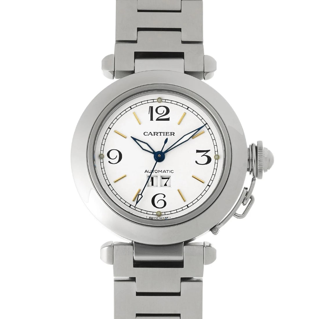 CARTIER PASHA BIG DATE WHITE WATCH: CARTIER Pasha Big Date white Watch Brand: CARTIER Type/Style: Wristwatch Material: Band Material Stainless steel, Case Material Stainless steel Color: Dial Color white Size: Case Size H/about 35mm W/a
