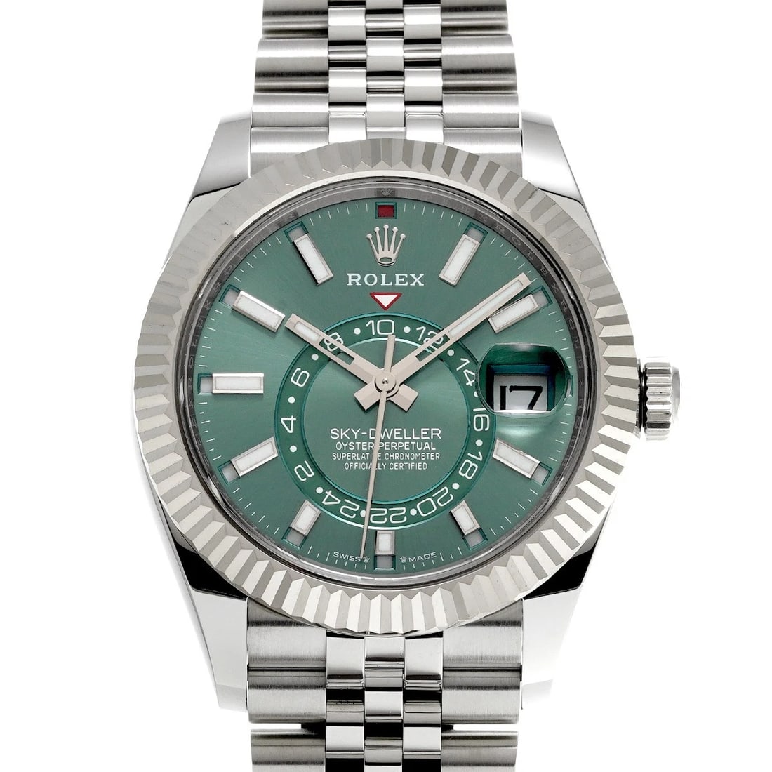 ROLEX SKY DWELLER MINT GREEN WATCH: ROLEX Sky Dweller Mint green Watch Brand: ROLEX Type/Style: Wristwatch Material: Band Material Stainless steel, Case Material Stainless steel Color: Dial Color Mint green Size: Case Size H/about 42mm