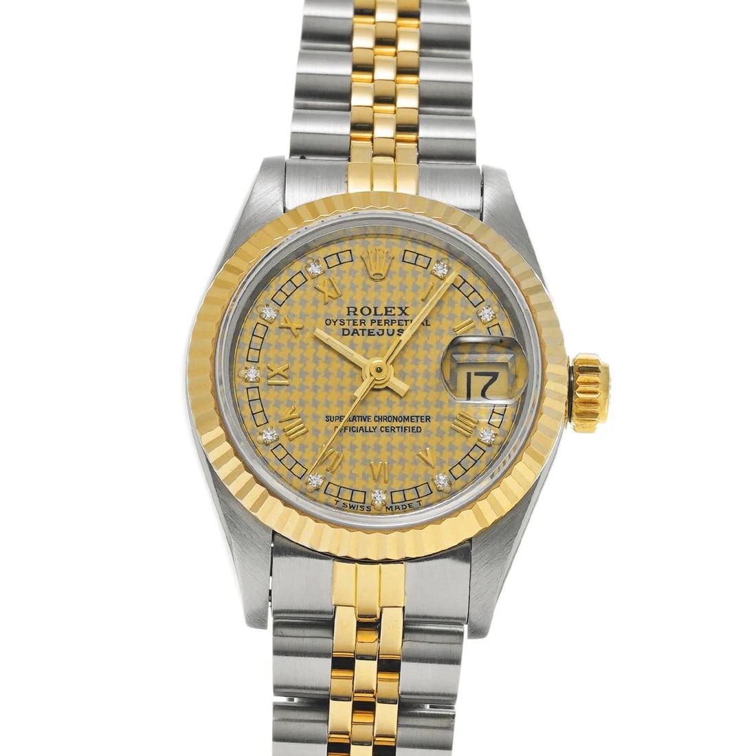 ROLEX DATEJUST CHAMPAGNE HOUNDSTOOTH/DIAMOND WATCH: ROLEX Datejust Champagne Houndstooth/diamond Watch Brand: ROLEX Type/Style: Wristwatch Material: Band Material Stainless steel/Yellow Gold, Case Material Stainless steel Color: Dial Color Champagne