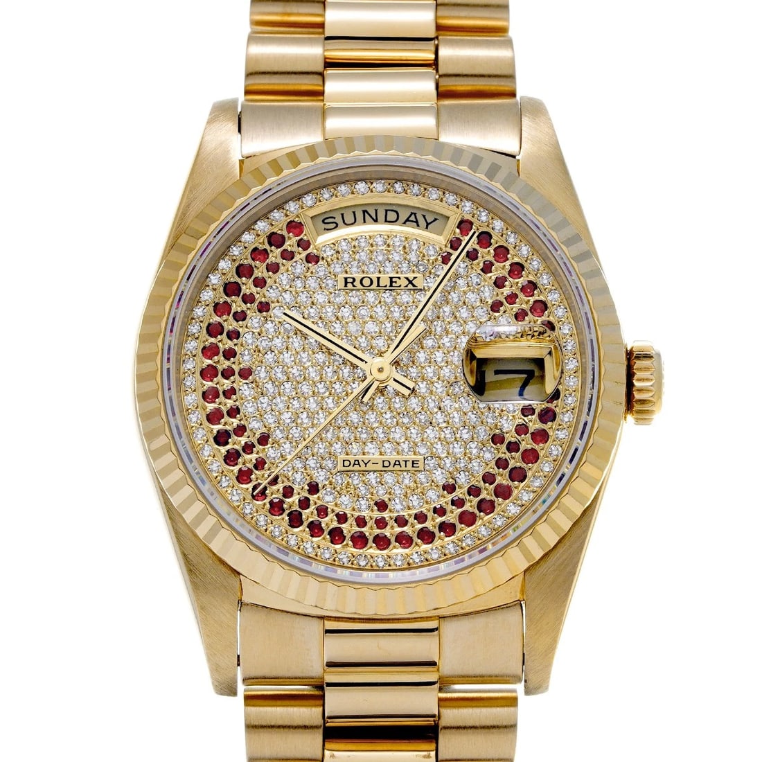 ROLEX DAY-DATE 36 CHAMPAGNE/DIAMOND / RUBY WATCH: ROLEX Day-Date 36 Champagne/Diamond / Ruby Watch Brand: ROLEX Type/Style: Wristwatch Material: Band Material Yellow Gold, Case Material Yellow Gold Color: Dial Color Champagne Size: Case Size H/about 