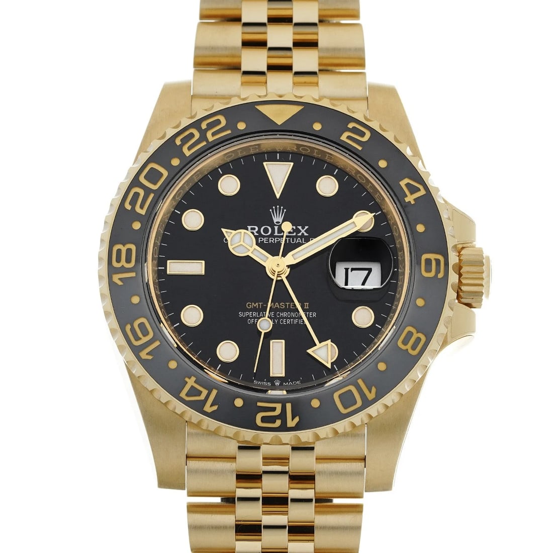 ROLEX GMT-MASTERII BLACK WATCH: ROLEX GMT-MasterII black Watch Brand: ROLEX Type/Style: Wristwatch Material: Band Material Yellow Gold, Case Material Yellow Gold Color: Dial Color black Size: Case Size H/about 40mm W/about 40mm