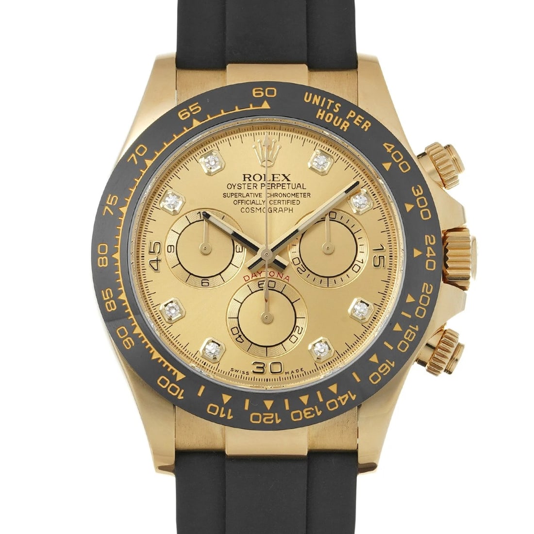 ROLEX COSMOGRAPH DAYTONA CHAMPAGNE/DIAMOND WATCH: ROLEX Cosmograph Daytona Champagne/diamond Watch Brand: ROLEX Type/Style: Wristwatch Material: Band Material rubber, Case Material Yellow Gold Color: Dial Color Champagne Size: Case Size H/about 40mm