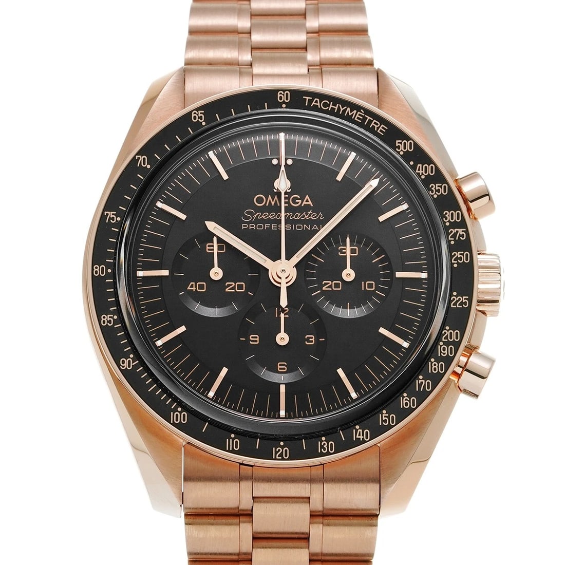 OMEGA SPEEDMASTER MOONWATCH PROFESSIONAL CO-AXIAL WATCH: OMEGA Speedmaster Moonwatch Professional Co-axial Watch Brand: OMEGA Type/Style: Wristwatch Material: Band Material Rose Gold, Case Material Rose Gold Color: Dial Color Dial Color Black Case Color