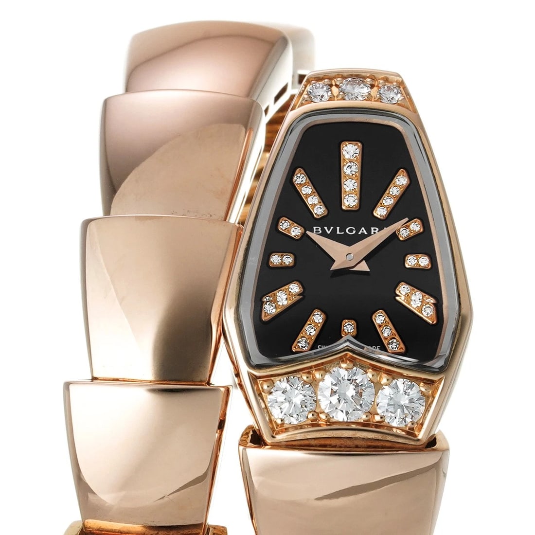 BVLGARI SERPENTI BLACK/DIAMOND WATCH: BVLGARI Serpenti black/diamond Watch Brand: Bvlgari Type/Style: Wristwatch Material: Band Material Rose Gold, Case Material Rose Gold Color: Dial Color Dial Color Black Case Color Pink Band Color