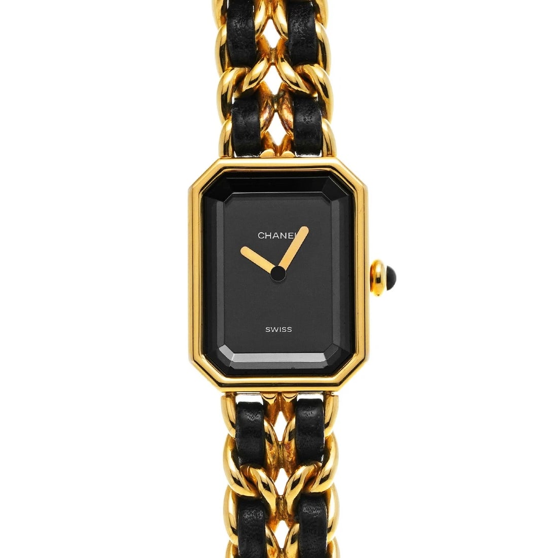 CHANEL PREMIRE BLACK WATCH: CHANEL Premire black Watch Brand: CHANEL Type/Style: Wristwatch Material: Band Material Leather, Gold Plated, Stainless Steel, Metal, Yellow Gold, Case Material Gold Plated, Stainless Steel Color: