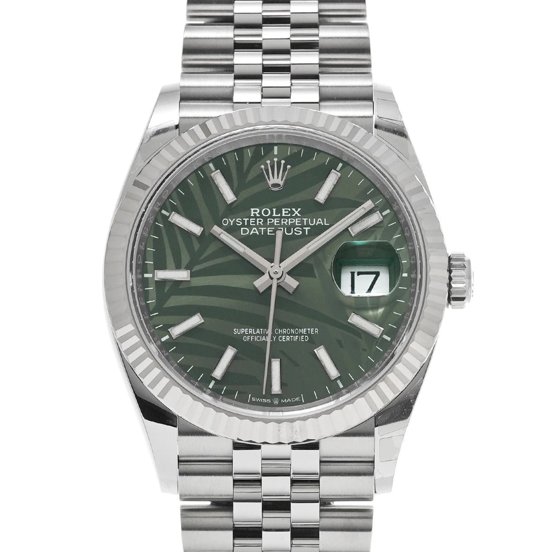 ROLEX DATEJUST 36 OLIVE GREEN PALM MOTIF WATCH: ROLEX Datejust 36 Olive Green Palm Motif Watch Brand: ROLEX Type/Style: Wristwatch Material: Band Material Stainless steel, Case Material Stainless steel Color: Dial Color Olive Green Palm Motif