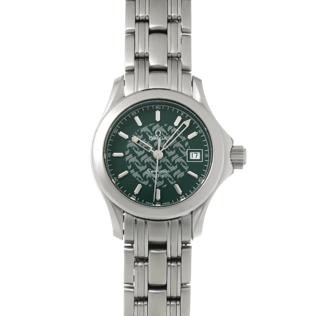 OMEGA SEAMASTER GREEN WATCH: OMEGA Seamaster green Watch Brand: OMEGA Type/Style: Wristwatch Material: Band Material Stainless steel, Case Material Stainless steel Color: Dial Color green Size: Case Size H/about 26mm W/about