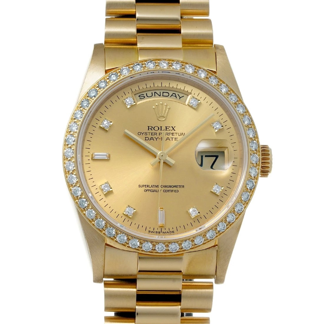 ROLEX DAY-DATE CHAMPAGNE/DIAMOND WATCH: ROLEX Day-Date Champagne/diamond Watch Brand: ROLEX Type/Style: Wristwatch Material: Band Material Yellow Gold, Case Material Yellow Gold Color: Dial Color Champagne Size: Case Size H/about 36mm