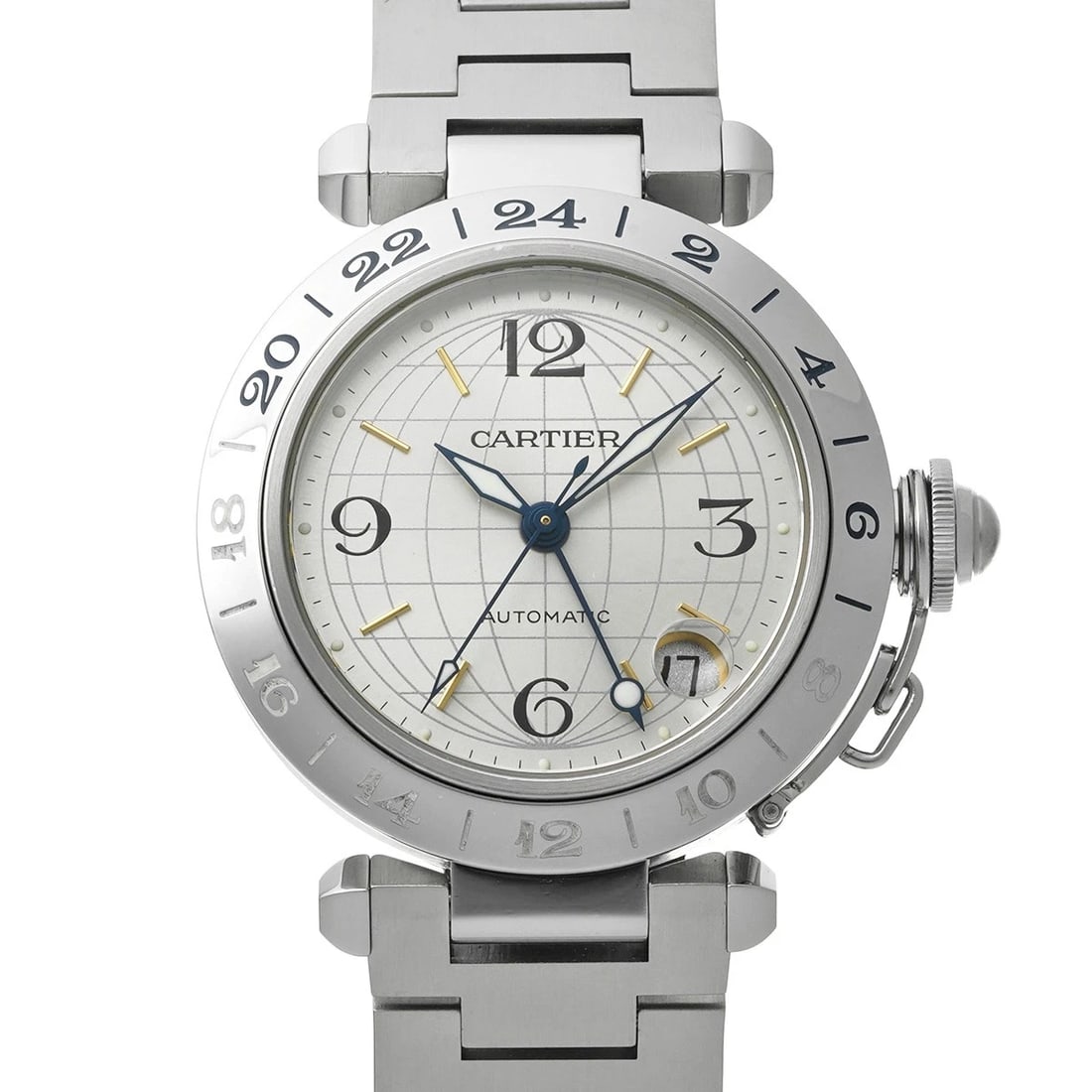 CARTIER PASHA MERIDIAN GMT SILVER WATCH: CARTIER Pasha Meridian GMT Silver Watch Brand: CARTIER Type/Style: Wristwatch Material: Band Material Stainless steel, Case Material Stainless steel Color: Dial Color Silver Size: Case Size H/about