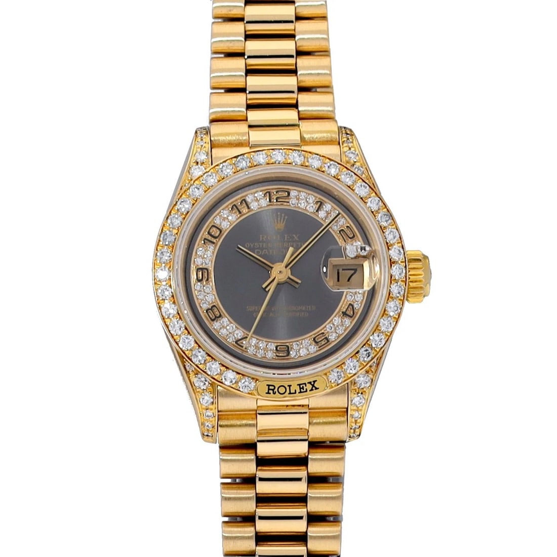 ROLEX DATEJUST DIAMONDS GRAY MILLIARD WATCH: ROLEX Datejust diamonds Gray Milliard Watch Brand: ROLEX Type/Style: Wristwatch Material: Band Material none, Case Material Yellow Gold Color: Dial Color Gray Milliard Size: Case Size H/about 26mm