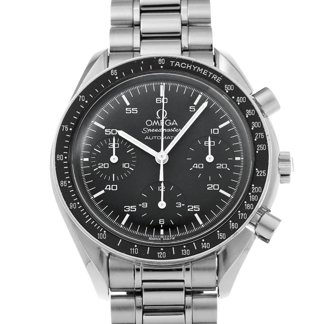 OMEGA SPEEDMASTER AUTOMATIC BLACK WATCH: OMEGA Speedmaster Automatic black Watch Brand: OMEGA Type/Style: Wristwatch Material: Band Material Stainless steel, Case Material Stainless steel Color: Dial Color black Size: Case Size H/about 39mm