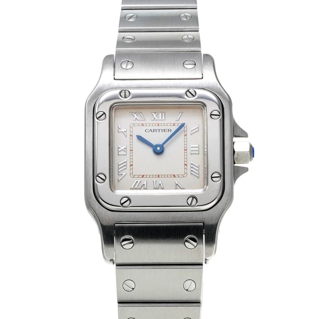 CARTIER SANTOSGALBEE IVORY WATCH: CARTIER SantosGalbee Ivory Watch Brand: Cartier Type/Style: Wristwatch Material: Band Material Stainless Steel, Case Material Stainless Steel Color: Dial Color Dial Color Beige Case Color Silver Band