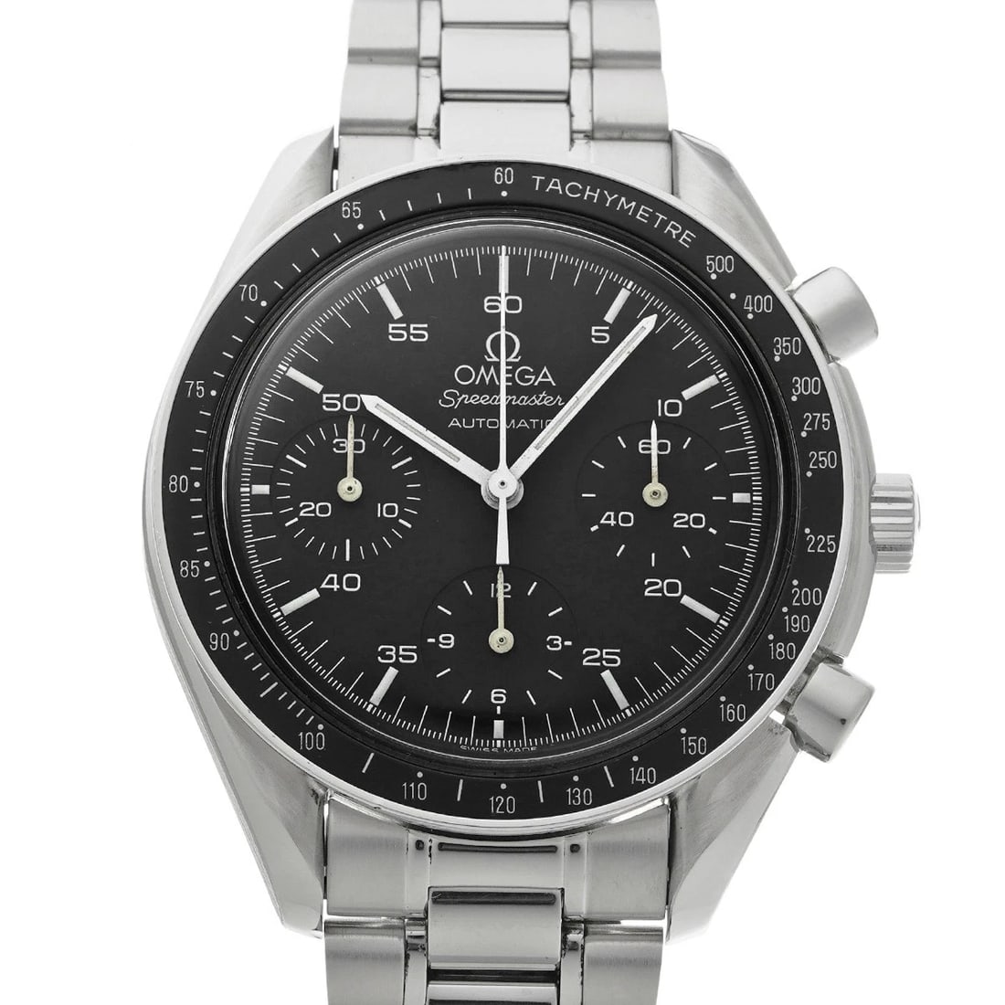 OMEGA SPEEDMASTER AUTOMATIC BLACK WATCH: OMEGA Speedmaster Automatic black Watch Brand: OMEGA Type/Style: Wristwatch Material: Band Material Stainless steel, Case Material Stainless steel Color: Dial Color black Size: Case Size H/about 39mm