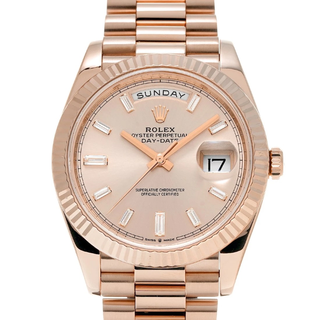 ROLEX DAY-DATE 40 SUNDUST/DIAMOND WATCH: ROLEX Day-Date 40 Sundust/diamond Watch Brand: ROLEX Type/Style: Wristwatch Material: Band Material Everrose gold, Case Material Everrose gold Color: Dial Color Sundust Size: Case Size H/about 40mm