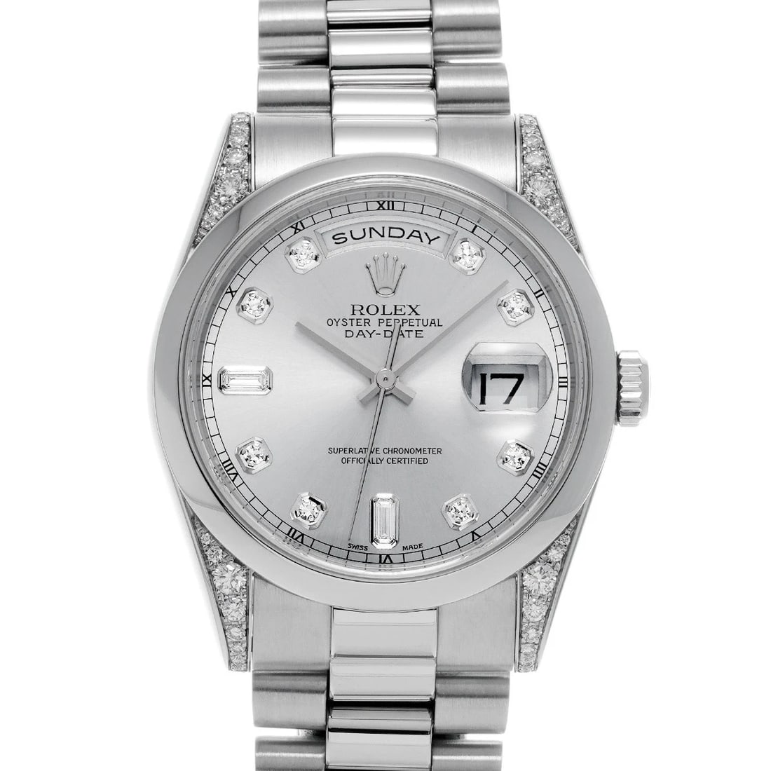 ROLEX DAY-DATE SILVER/DIAMOND WATCH: ROLEX Day-Date Silver/diamond Watch Brand: ROLEX Type/Style: Wristwatch Material: Band Material Platinum, Case Material Platinum Color: Dial Color Silver Size: Case Size H/about 36mm W/about 36mm
