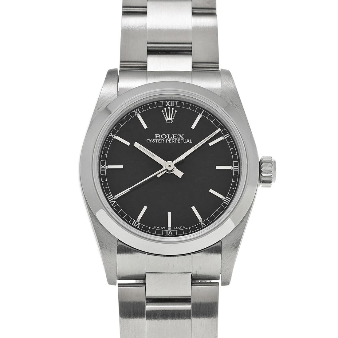 ROLEX OYSTER PERPETUAL BLACK WATCH: ROLEX Oyster Perpetual black Watch Brand: ROLEX Type/Style: Wristwatch Material: Band Material Stainless steel, Case Material Stainless steel Color: Dial Color black Size: Case Size H/about 31mm