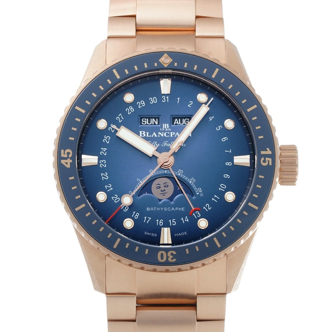 BLANCPAIN BATHYSCAPHE COMPLETE CALENDAR BLUE WATCH: Blancpain Bathyscaphe Complete Calendar blue Watch Brand: Blancpain Type/Style: Wristwatch Material: Band Material Red gold, Case Material Red gold Color: Dial Color blue Size: Case Size H/about 43mm