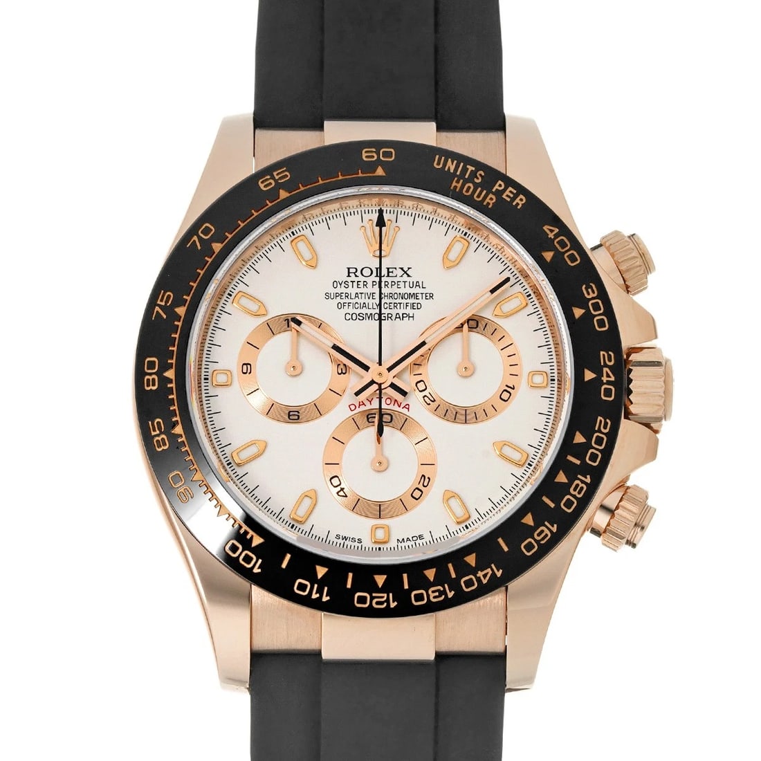ROLEX COSMOGRAPH DAYTONA IVORY WATCH: ROLEX Cosmograph Daytona Ivory Watch Brand: ROLEX Type/Style: Wristwatch Material: Band Material rubber, Case Material Everrose gold Color: Dial Color Ivory Size: Case Size H/about 40mm W/about 40mm