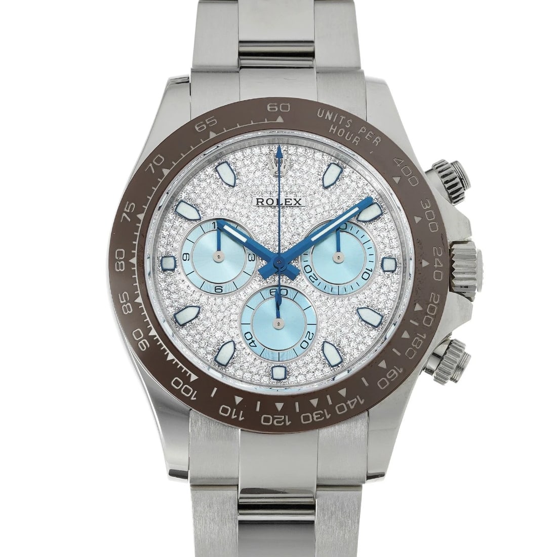 ROLEX COSMOGRAPH DAYTONA ICE BLUE/DIAMOND WATCH: ROLEX Cosmograph Daytona Ice blue/diamond Watch Brand: ROLEX Type/Style: Wristwatch Material: Band Material Platinum, Case Material Platinum Color: Dial Color Ice blue Size: Case Size H/about 40mm