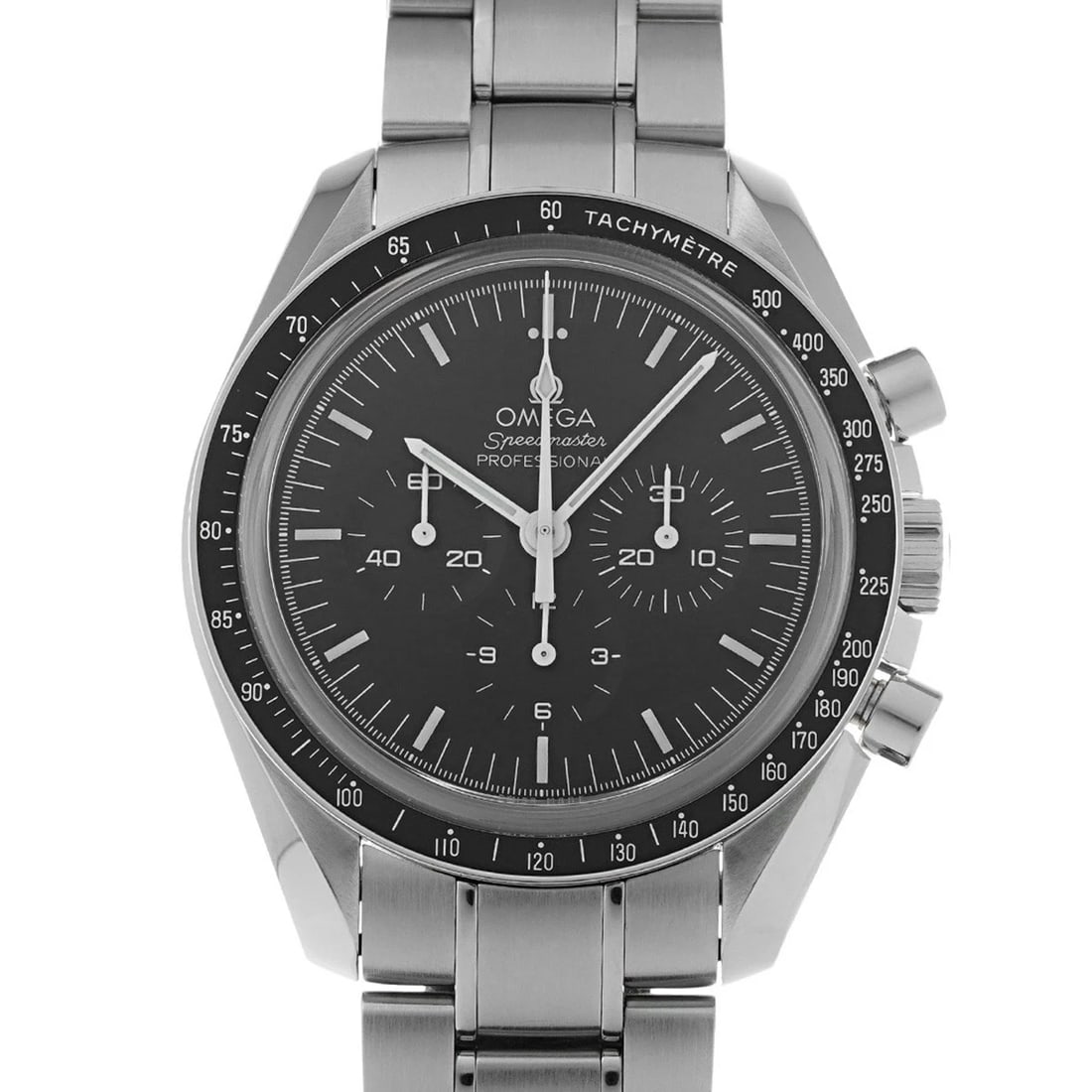 OMEGA SPEEDMASTER MOONWATCH PROFESSIONAL BLACK WATCH: OMEGA Speedmaster Moonwatch Professional black Watch Brand: OMEGA Type/Style: Wristwatch Material: Band Material Stainless Steel, Case Material Stainless Steel Color: Dial Color Dial Color Black Case 