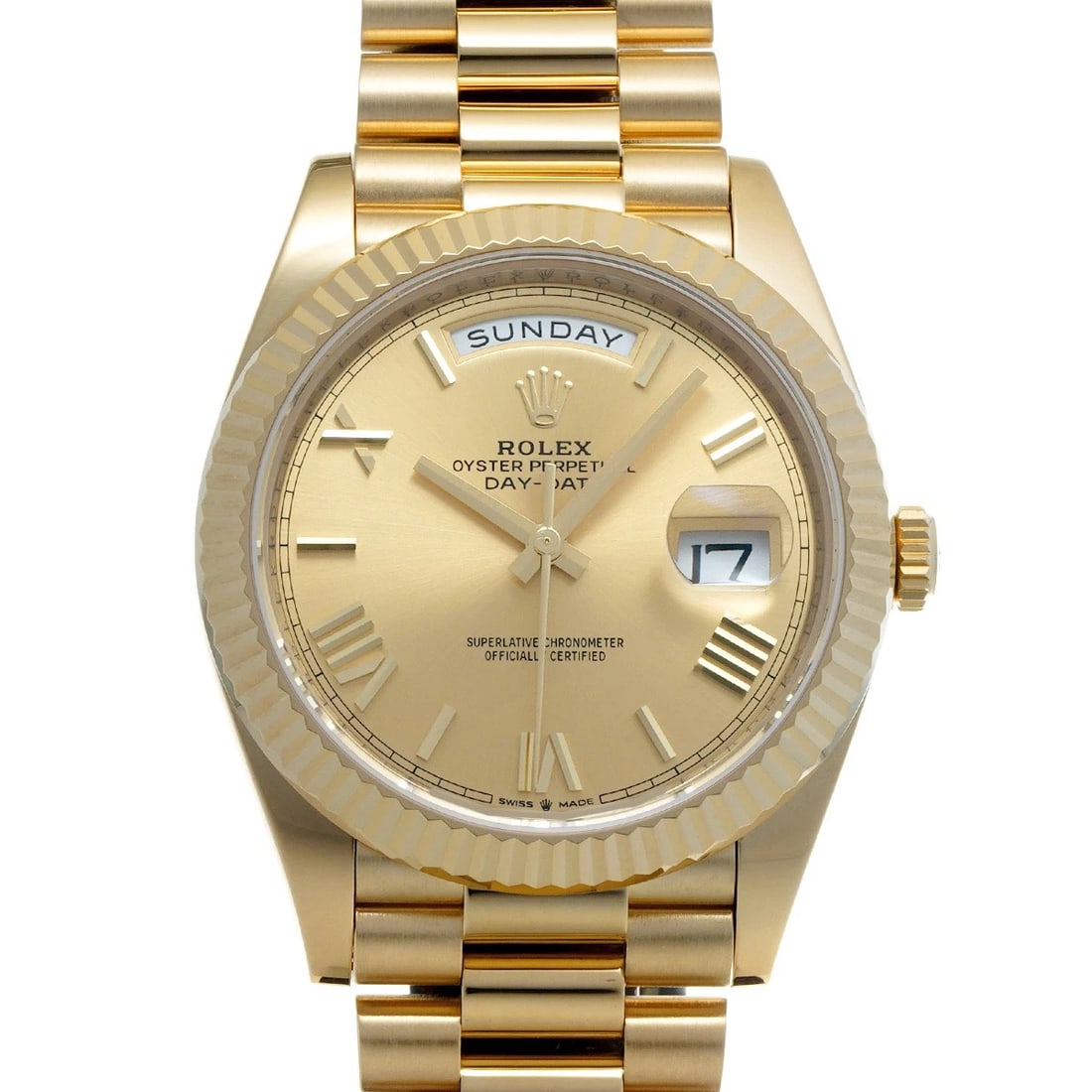 ROLEX DAY-DATE 40 CHAMPAGNE WATCH: ROLEX Day-Date 40 Champagne Watch Brand: ROLEX Type/Style: Wristwatch Material: Band Material Yellow Gold, Case Material Yellow Gold Color: Dial Color Champagne Size: Case Size H/about 40mm W/about