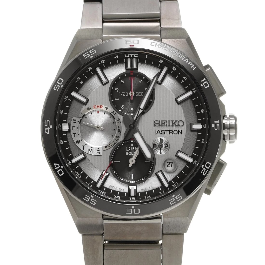 SEIKO ASTRON DUAL TIME CHRONOGRAPH SILVER/BLACK WATCH: SEIKO Astron Dual Time Chronograph Silver/black Watch Brand: SEIKO Type/Style: Wristwatch Material: Band Material titanium, Case Material titanium Color: Dial Color Silver Size: Case Size H/about