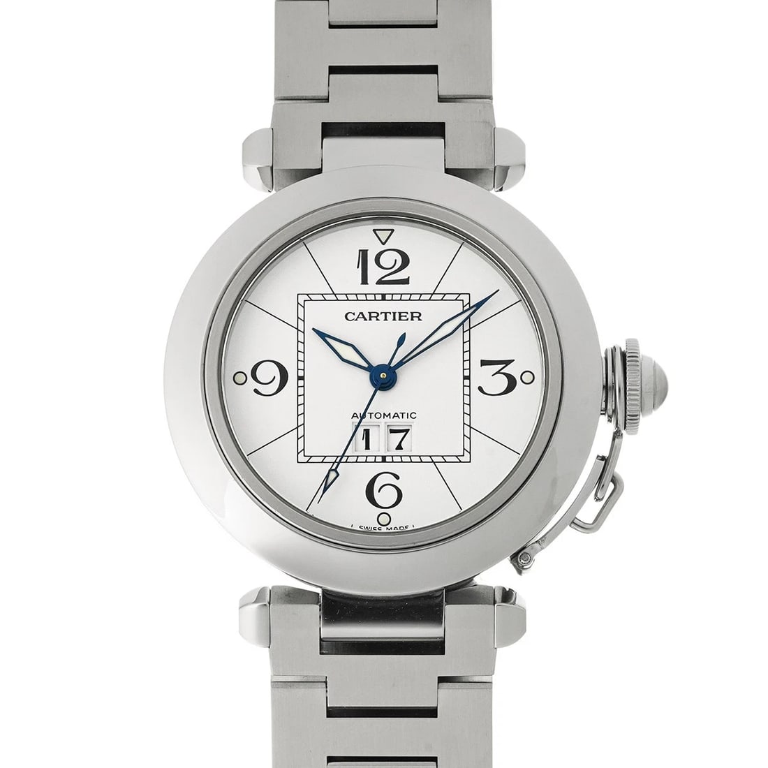 CARTIER PASHA BIG DATE WHITE WATCH: CARTIER Pasha Big Date white Watch Brand: CARTIER Type/Style: Wristwatch Material: Band Material Stainless steel, Case Material Stainless steel Color: Dial Color white Size: Case Size H/about 35mm